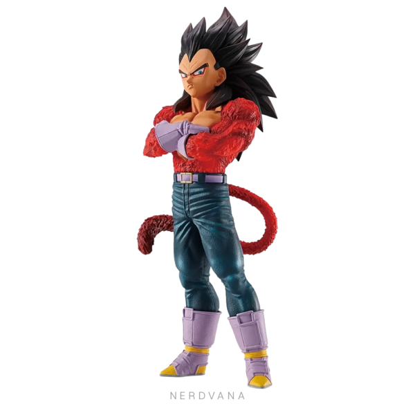 SF2744 Figura de Super Saiyan 4 Vegeta de Dragon Ball GT, perteneciente a la colección MASTERLISE. Recreada en una pose que invita a exhibirla espalda con espalda junto a Super Saiyan 4 Son Goku de la categoría A, con especial atención a detalles como la textura del pelaje y las arrugas del pantalón.