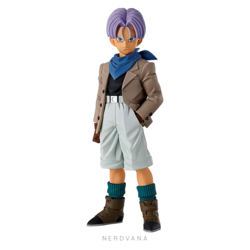SF2746 Figura Trunks Dragon Ball GT MASTERLISE, recreada en la icónica pose del opening del anime, ideal para exhibir junto a las figuras de Son Goku, Pan y Giru.