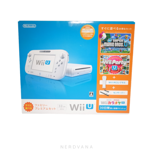 Caja de Nintendo Wii U Family Premium Set en edición de importación, color blanco, con Super Mario Bros. U, Wii Party U y Wii Remote Plus incluidos