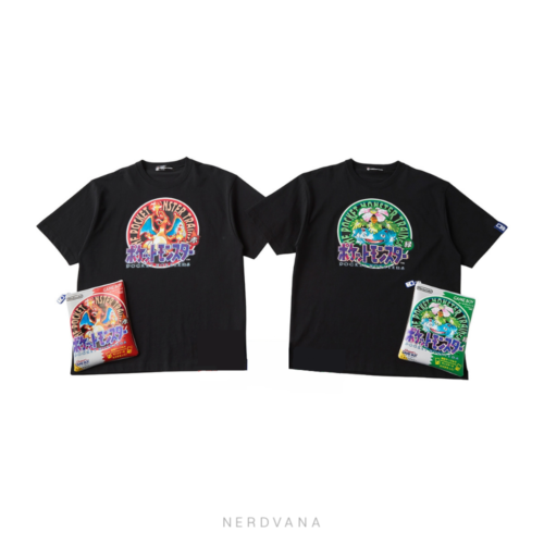 Set de camisetas Pokémon Rojo y Verde del Pokémon Center original, con diseño de Lizardon y Fushigibana, estuches réplica de cartucho Game Boy con cierre y charm incluidos