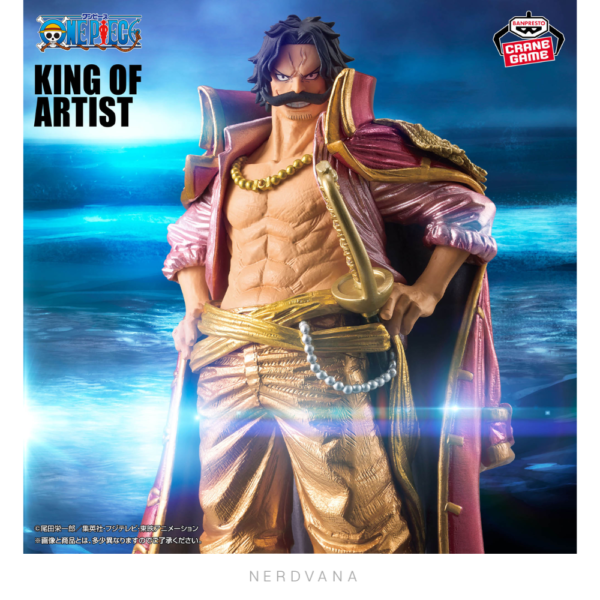 Diseño sin título (4) Figura coleccionable King of Artist Special de Gol D. Roger de One Piece, de pie con sable dorado, abrigo metálico rosa y pantalón dorado, mirada imponente