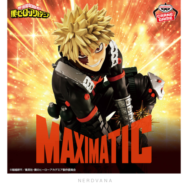 Figura coleccionable MAXIMATIC II de Katsuki Bakugo de My Hero Academia, en pose de ataque con explosiones doradas en ambas manos y traje de héroe negro dañado por la batalla