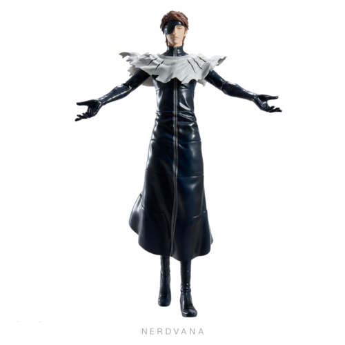 Figura coleccionable Aizen Sosuke de BLEACH línea Grandista Banpresto, con traje negro ceñido, cuello blanco desgarrado y pose de brazos extendidos, versión Thousand-Year Blood War