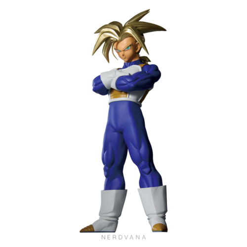 Figura coleccionable de Trunks del Futuro en forma Super Saiyajin de Dragon Ball Z, con traje azul completo, cabello dorado, brazos cruzados y ojos verde azulado. Blood of Saiyans, Banpresto.
