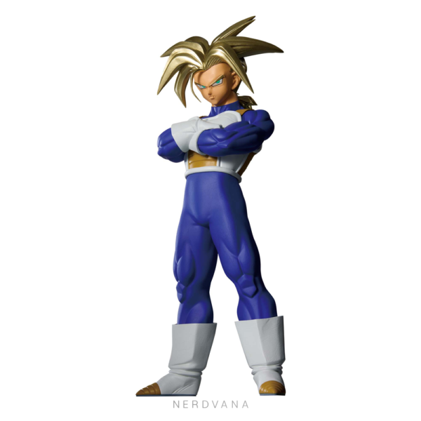 Figura coleccionable de Trunks del Futuro en forma Super Saiyajin de Dragon Ball Z, con traje azul completo, cabello dorado, brazos cruzados y ojos verde azulado. Blood of Saiyans, Banpresto.