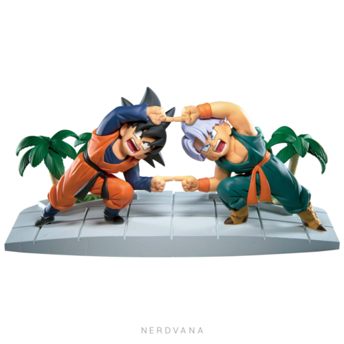 Diorama coleccionable de Son Goten y Trunks niños de Dragon Ball Z en pose de Fusión, sobre base con palmeras tropicales. History Box, Banpresto Crane Game.