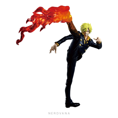 Figura coleccionable de Sanji de One Piece ejecutando el Diable Jambe con pierna en llamas rojas elevada en patada. Maximatic Plus, Banpresto Crane Game.