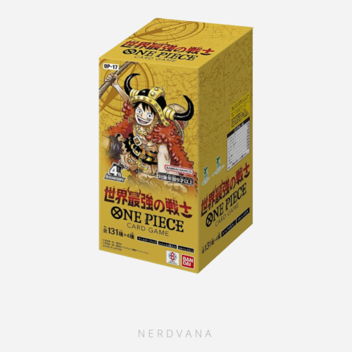 Booster Box del One Piece Card Game OP-17 El Guerrero Más Fuerte del Mundo, edición 4to Aniversario, con arte de Monkey D. Luffy en diseño guerrero dorado, 24 sobres incluidos