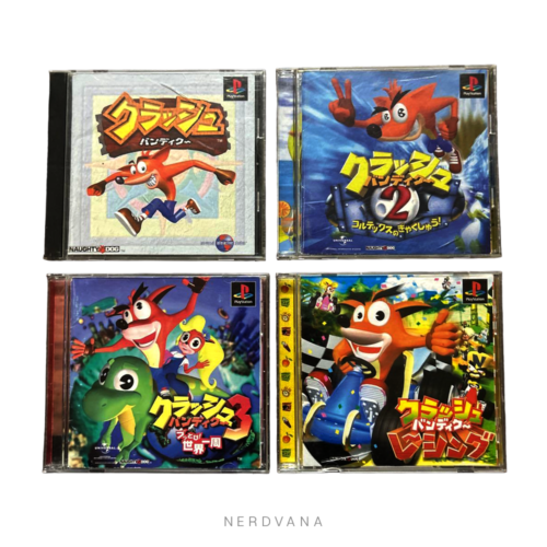 Set de 4 juegos Crash Bandicoot PS1 versión japonesa en subasta: Crash Bandicoot 1, 2, Warped y Crash Team Racing CTR, en cajas originales japonesas para PlayStation 1 coleccionables