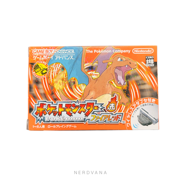 Pokémon FireRed GBA versión japonesa completa Nintendo: caja naranja original con Charizard, cartucho rojo GBA, Wireless Adapter original, manual japonés y documentos del lanzamiento incluidos