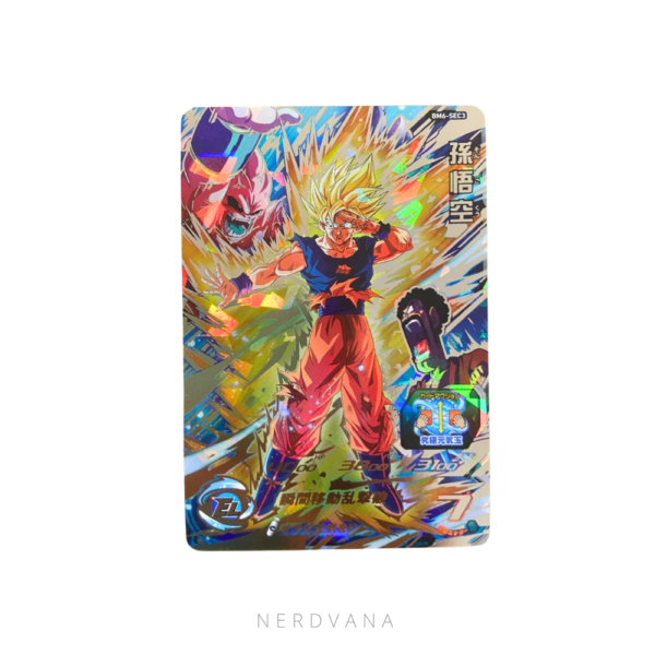 Carta holográfica SEC3 de Goku Super Saiyajin del set Big Bang Mission 6 de Super Dragon Ball Heroes, con aura dorada explosiva y estadísticas de arcade japonés coleccionable