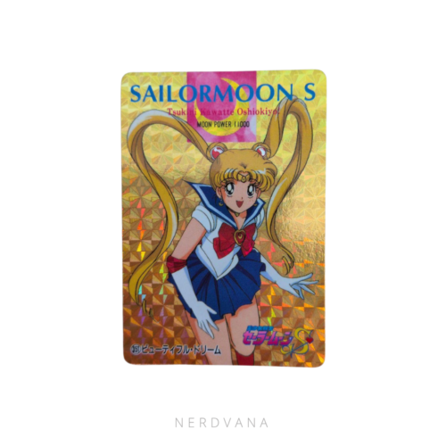 Carta prism holográfica No.351 de Sailor Moon de la serie Amada Sailor Moon S, con Usagi Tsukino en uniforme de senshi sobre fondo dorado de diamantes brillantes, vintage japonés años 90
