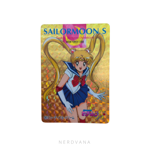 SF2840 Carta prism holográfica No.351 de Sailor Moon de la serie Amada Sailor Moon S, con Usagi Tsukino en uniforme de senshi sobre fondo dorado de diamantes brillantes, vintage japonés años 90