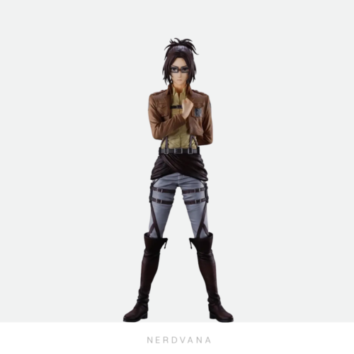 Figura coleccionable MASTERLISE Premio E de Hanji Zoé del Ichiban Kuji Shingeki no Kyojin, con lentes redondos, cabello en moño oscuro despeinado, uniforme del Cuerpo de Exploradores y pose de juramento al corazón