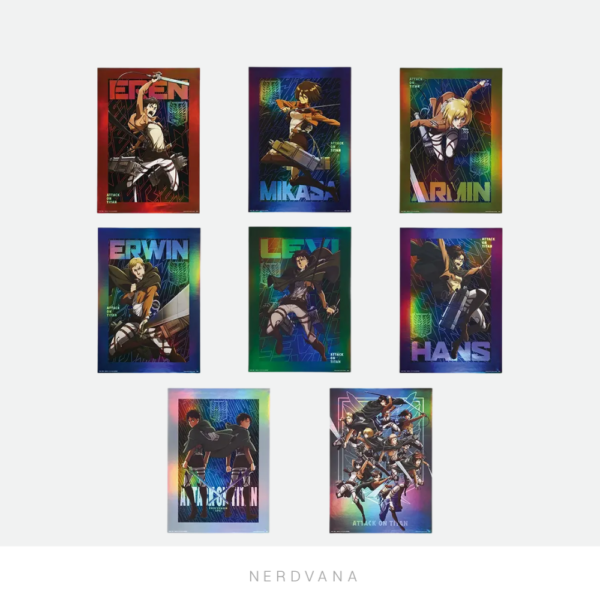 Set completo de 8 posters aurora holográficos A3 Premio G del Ichiban Kuji Shingeki no Kyojin, con diseños individuales de Eren, Mikasa, Armin, Erwin, Levi, Hanji, el dúo Eren-Levi y el poster grupal del Cuerpo de Exploradores
