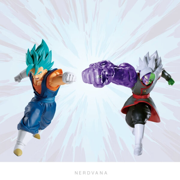 SF2851 Figuras coleccionables Match Makers de Dragon Ball Super Banpresto: Vegetto Super Saiyajin Azul en pose de carga con puño extendido y aura celeste, y Zamasu Fusionado con el brazo gigante púrpura de corrupción divina