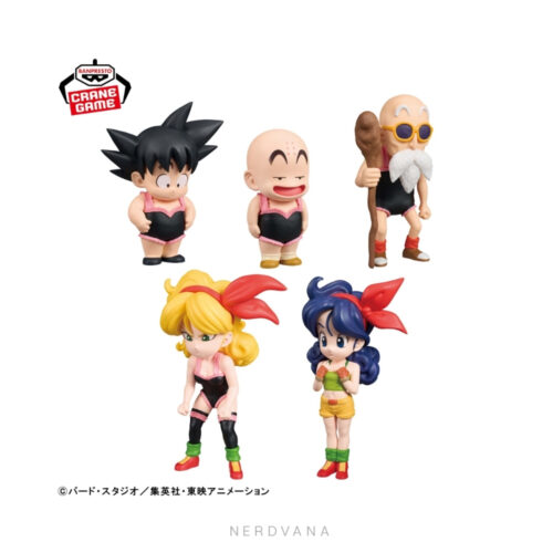 Set de 5 figuras coleccionables WCF World Collectable Figure de Dragon Ball Clásico Banpresto: Goku niño, Krilin, Maestro Roshi, Lunch rubia y Lunch morena en estilo chibi con el traje de entrenamiento de Kame House