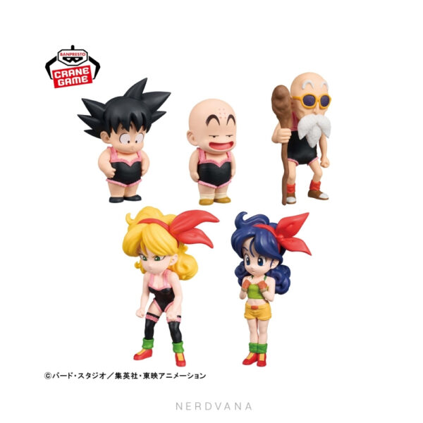 Set de 5 figuras coleccionables WCF World Collectable Figure de Dragon Ball Clásico Banpresto: Goku niño, Krilin, Maestro Roshi, Lunch rubia y Lunch morena en estilo chibi con el traje de entrenamiento de Kame House