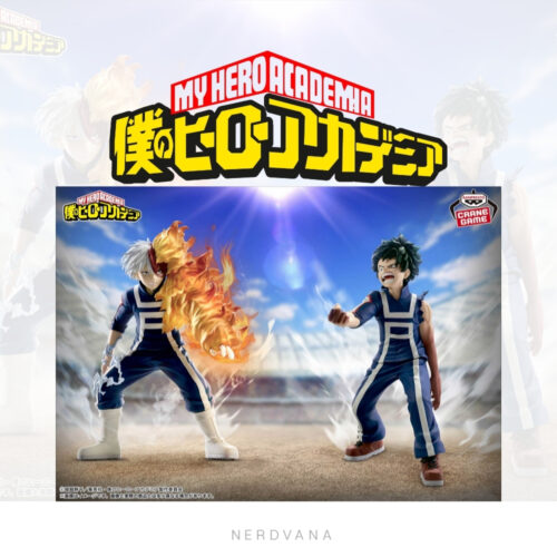 Set de figuras Deku y Todoroki MHA Amazing Heroes Festival Deportivo Banpresto: Deku con puño extendido y energía One For All, y Todoroki con fuego y hielo activos, ambos en uniforme azul de la Academia U.A. enfrentados